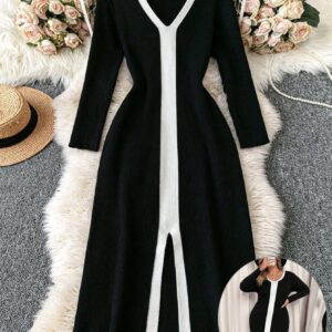 Robe pull de travail et de trajet fendue aux ourlets, taille cintrée, avec patchwork noir et blanc, col en V, manches longues, grandes tailles
