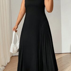 Robe d'été élégante plissée avec encolure ronde et col montant sans manches de coupe évasée pour femme en couleur abricot, parfaite pour les vacances ou les sorties décontractées, tailles grandes